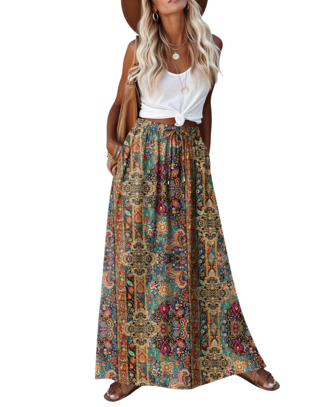 Zeagoo Women's 2026 Boho Floral Skirt Casual Elastic High Waist Maxi Skirts Flowy A Line Beach Long Skirt with Side Pockets