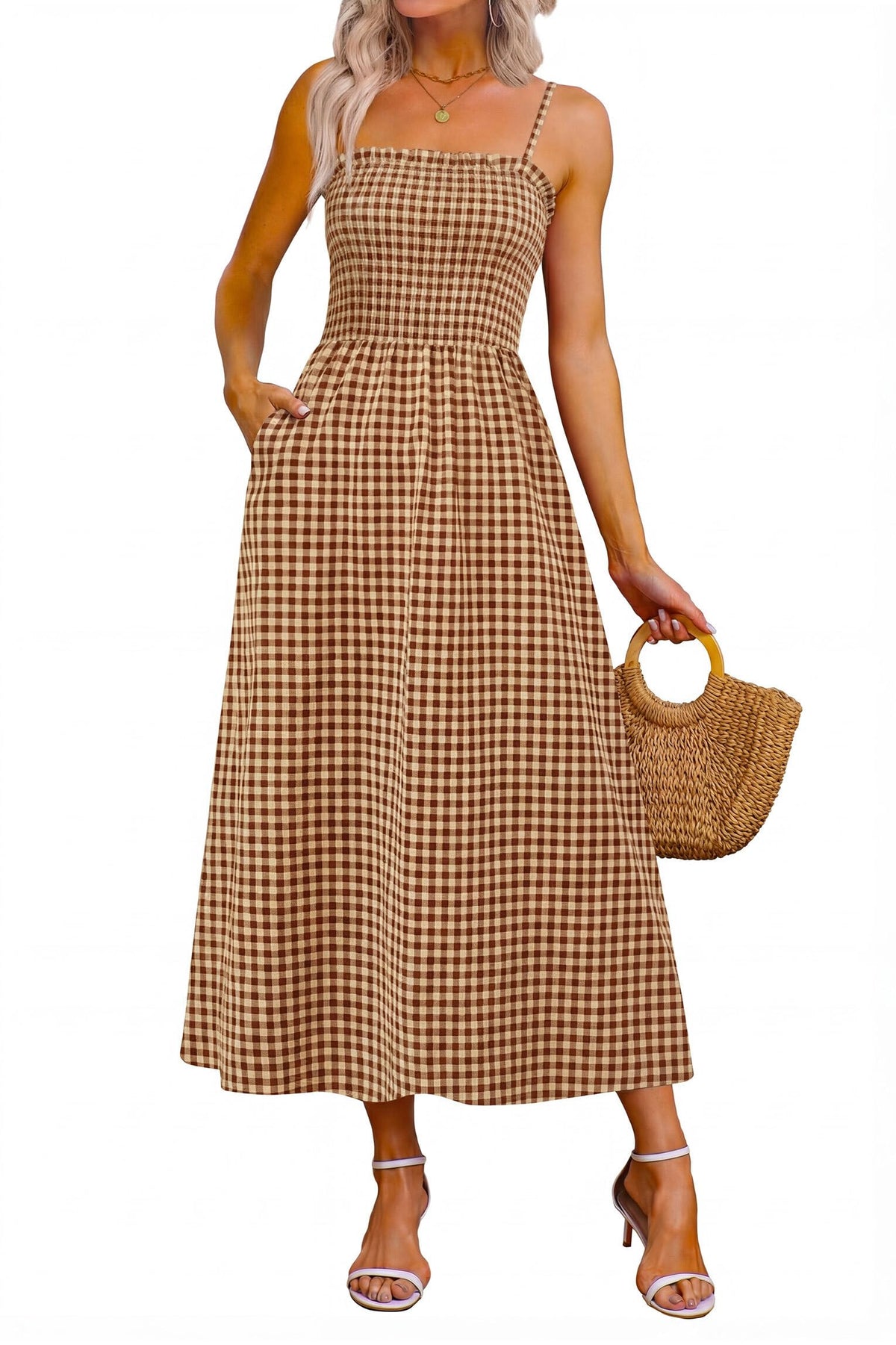 OFEEFAN Womens Spaghetti Strap Maxi Dresses Smocked with Pockets 2026 Summer Spring Casual Boho Beach Long Sundresses