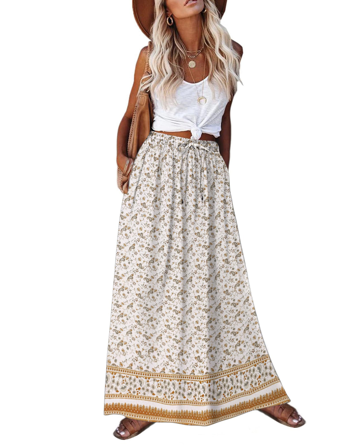 Zeagoo Women's 2026 Boho Floral Skirt Casual Elastic High Waist Maxi Skirts Flowy A Line Beach Long Skirt with Side Pockets