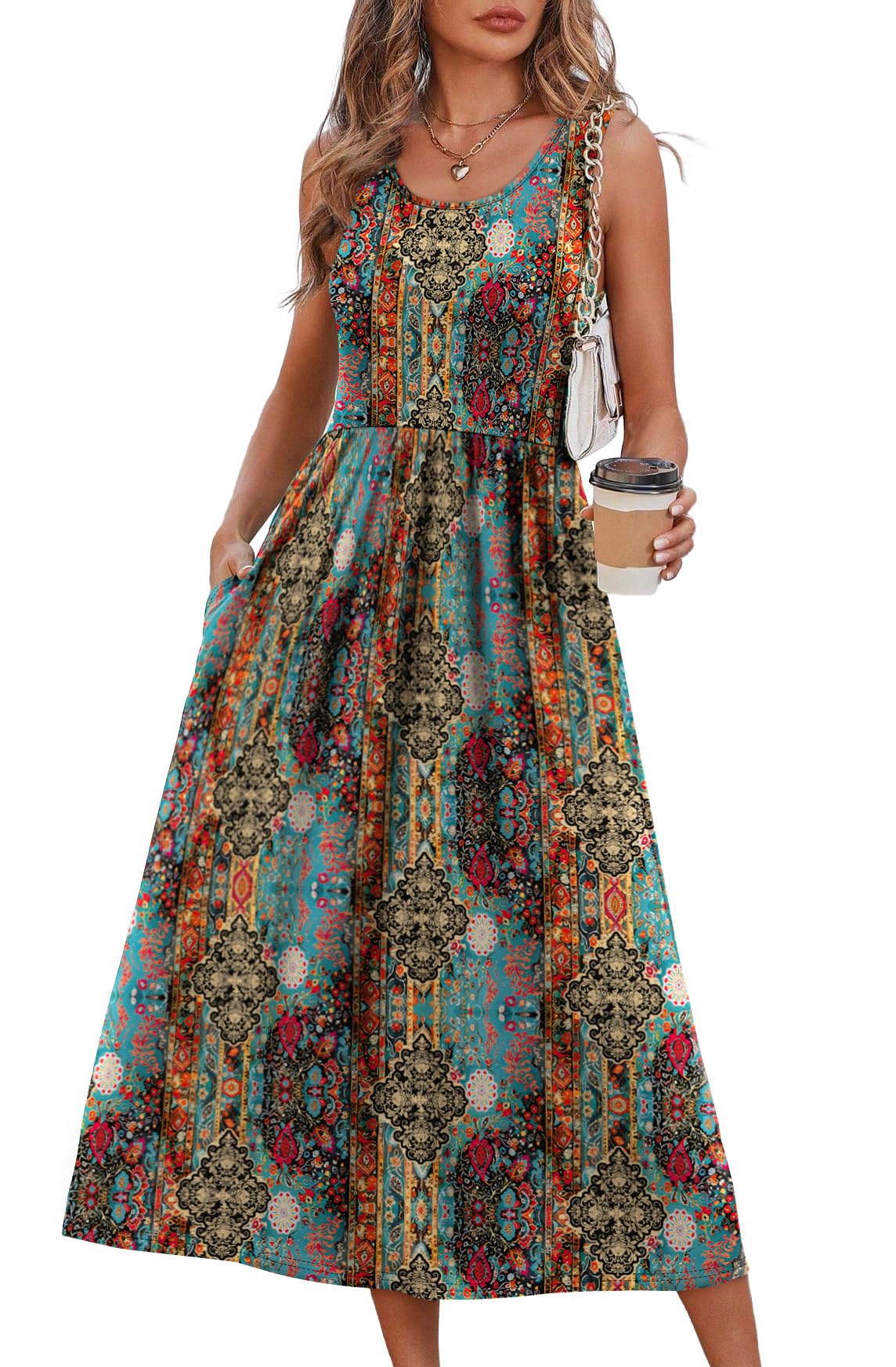 WIHOLL Summer Dresses for Women Flowy Casual Midi Dress Beach Vacation Sundresses with Pockets