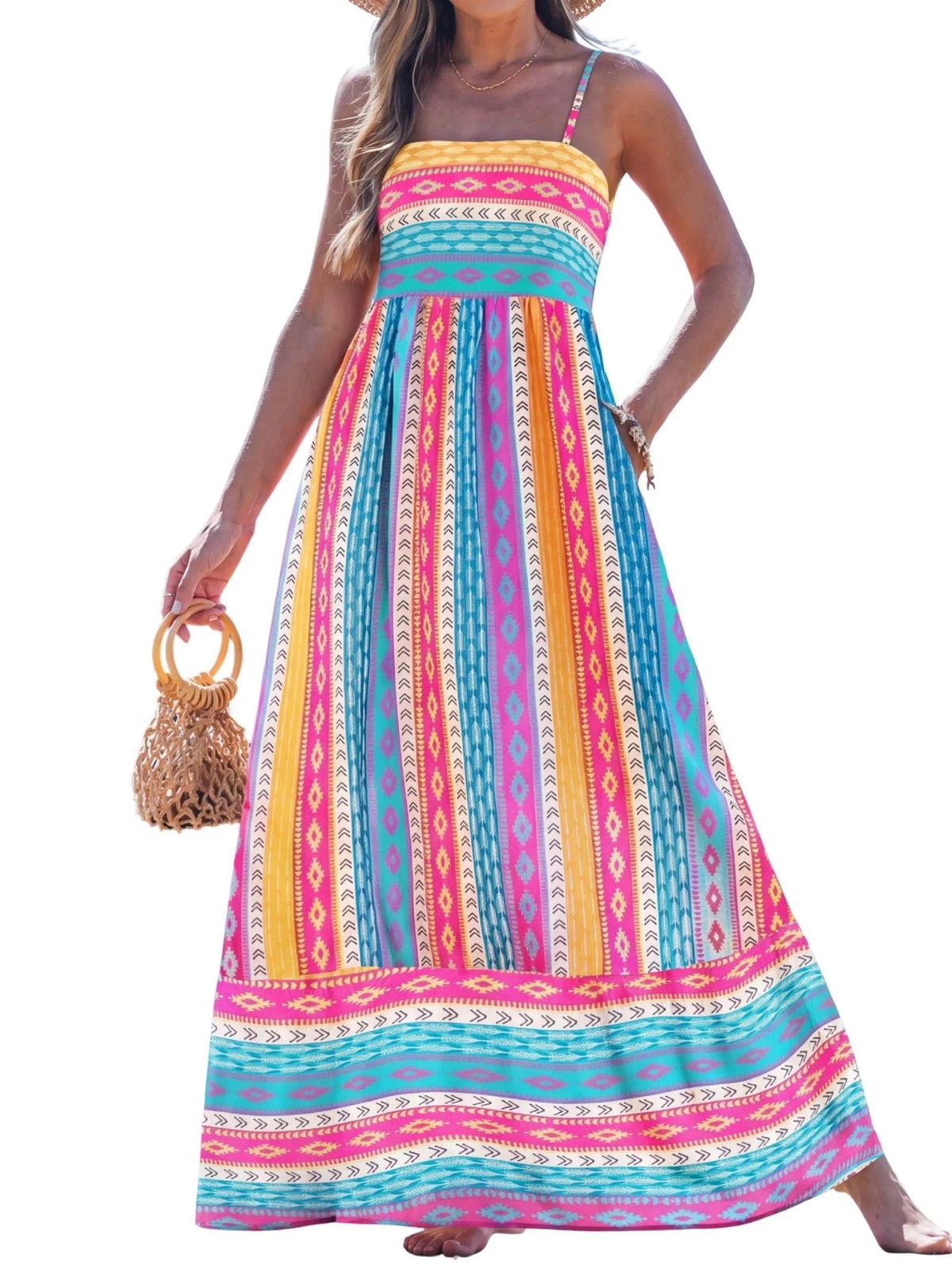 popvil Women Summer Maxi Dress 2026 Spaghetti Strap Long Beach Dress Boho A-Line Flowy Casual Sleeveless Sun Dress