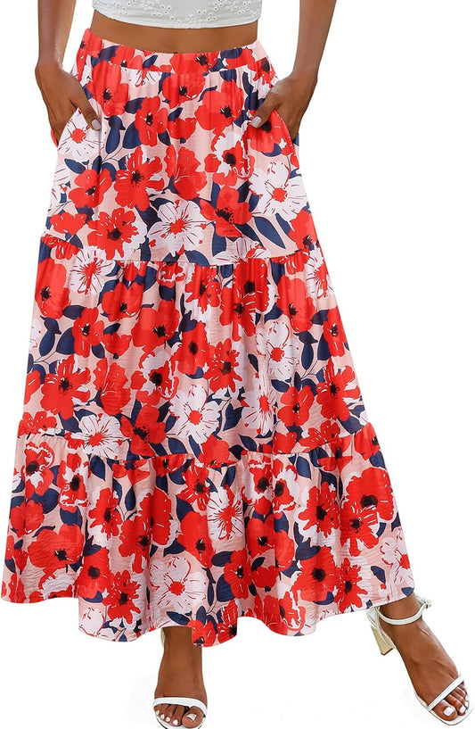 Zeagoo Skirts for Women Summer Boho Casual Maxi Flowy Elastic High Waist A-Line Tiered Swing Floral Long Skirts with Pockets