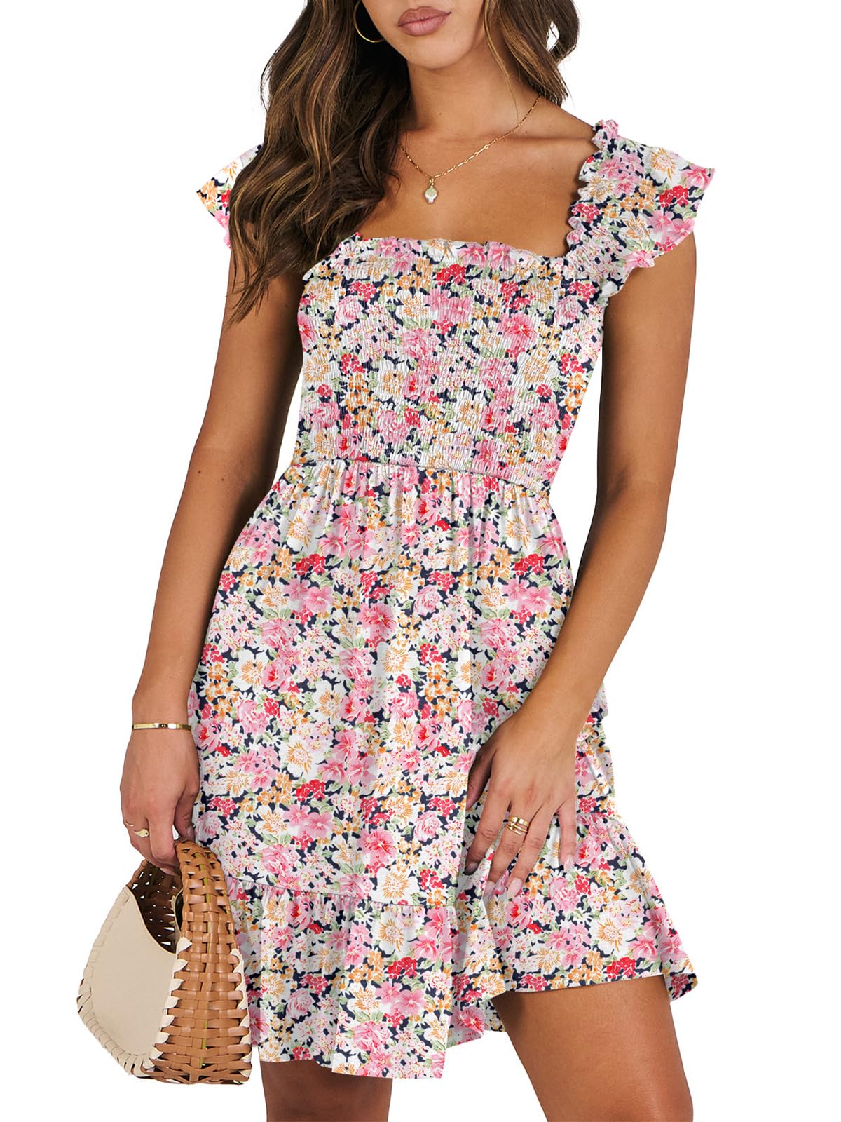 ANRABESS Women's Summer Casual Sleeveless Square Neck Dress 2026 Smocked Ruffle Backless Boho Beach Cute Teen Short Sundress