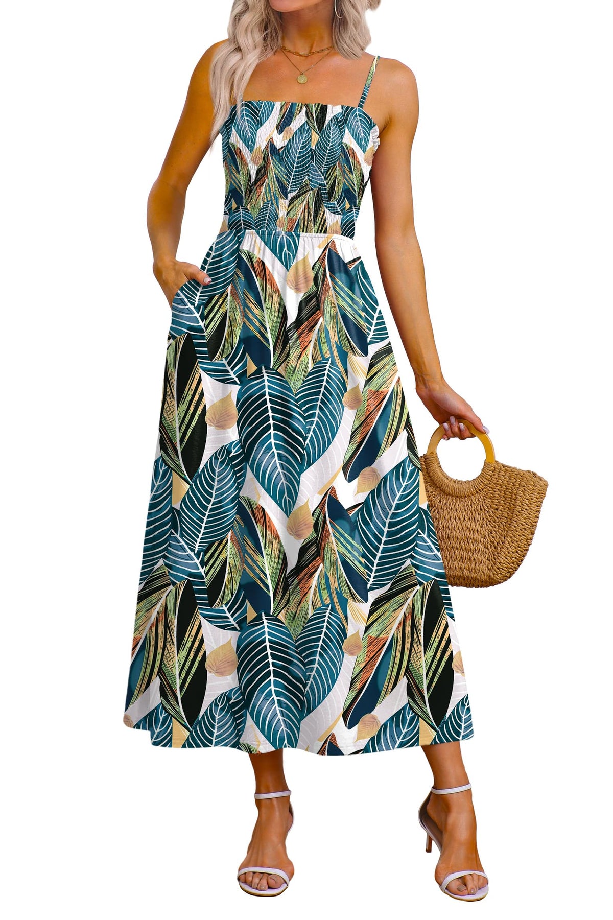 OFEEFAN Womens Spaghetti Strap Maxi Dresses Smocked with Pockets 2026 Summer Spring Casual Boho Beach Long Sundresses