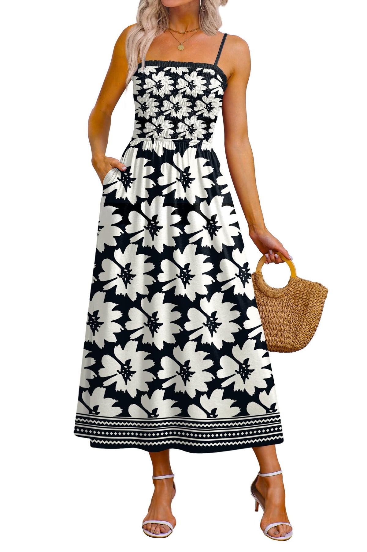 OFEEFAN Womens Spaghetti Strap Maxi Dresses Smocked with Pockets 2026 Summer Spring Casual Boho Beach Long Sundresses