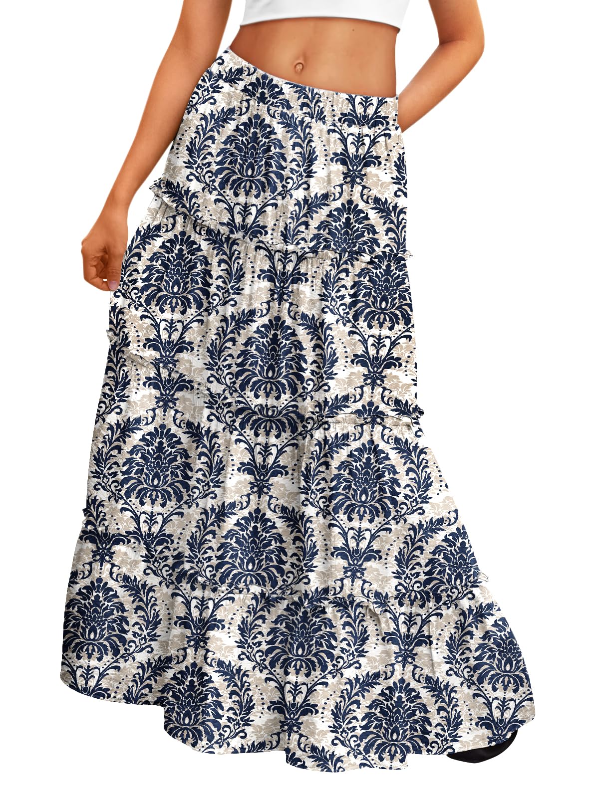 Trendy Queen Vacation Outfits Long Skirts for Women Boho Maxi Skirt Elastic High Waist Dress with Pockets Fashion