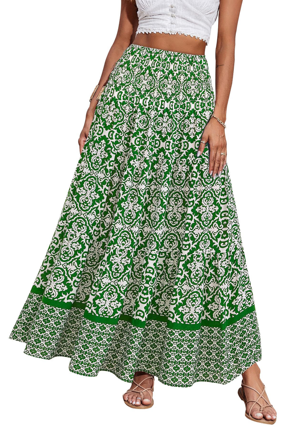 CFLONGE Summer Maxi Skirts for Women 2026 Fashion Boho Long Skirt Trendy Floral High Waist A Line Beach Skirt Vacation Outfit