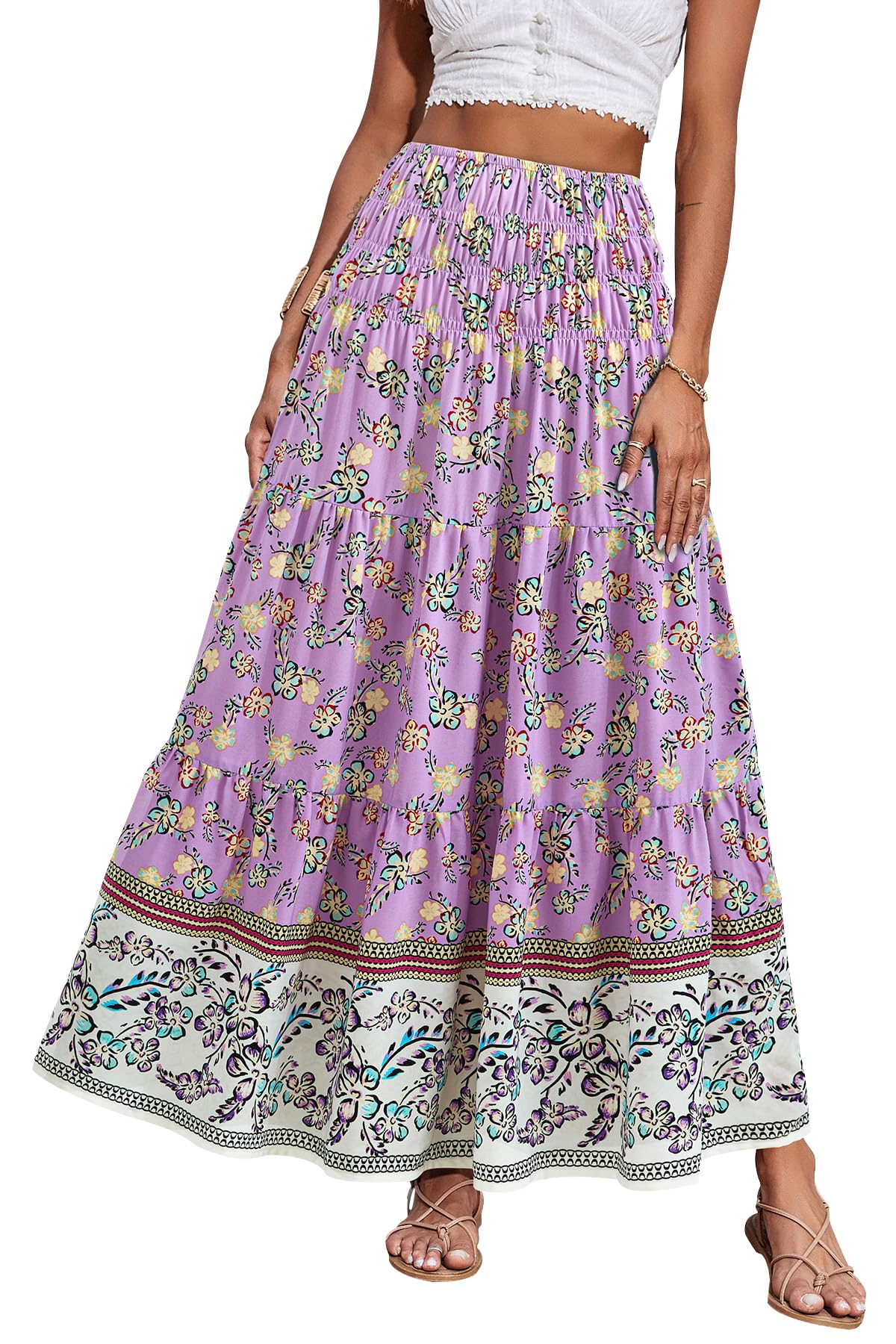 CFLONGE Summer Maxi Skirts for Women 2026 Fashion Boho Long Skirt Trendy Floral High Waist A Line Beach Skirt Vacation Outfit