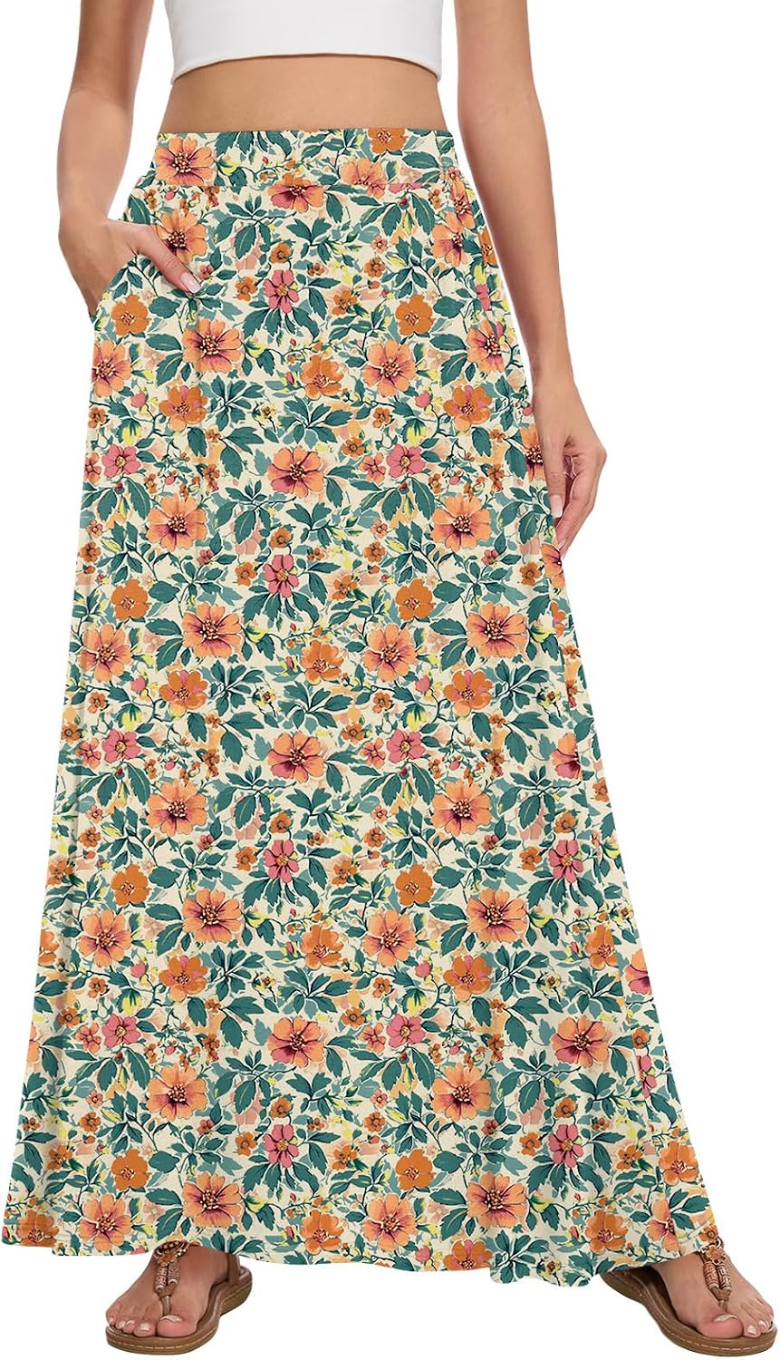 Womens Maxi A-line Long Skirt Casual 2026 Elastic High Waist Flowy Skirts with Pockets