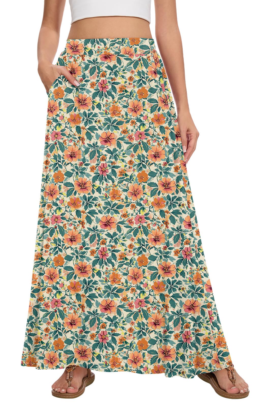 Womens Maxi A-line Long Skirt Casual 2026 Elastic High Waist Flowy Skirts with Pockets
