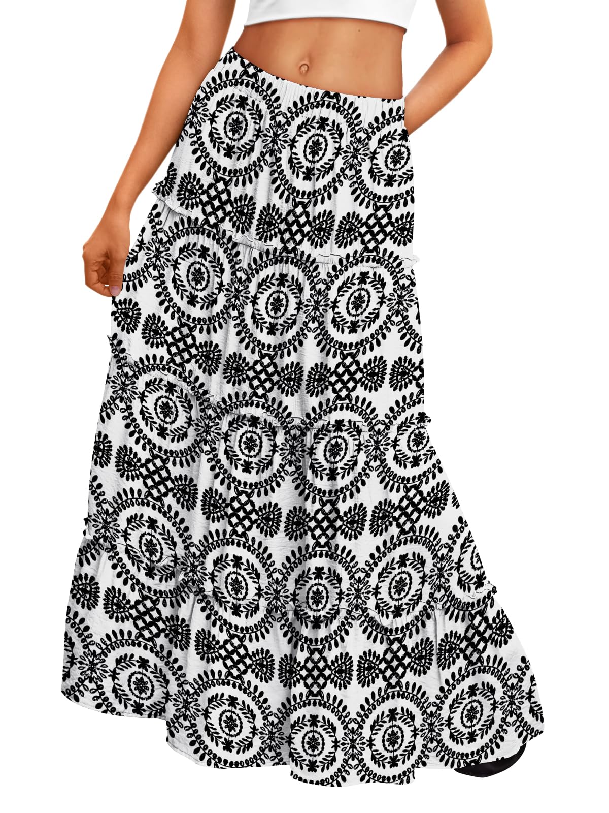 Trendy Queen Vacation Outfits Long Skirts for Women Boho Maxi Skirt Elastic High Waist Dress with Pockets Fashion