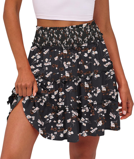 Caracilia Womens Summer Flowy Mini Skorts Skirts High Waist Ruffle Tiered Casual Cute Boho Beach Short Skirts Built-in Shorts