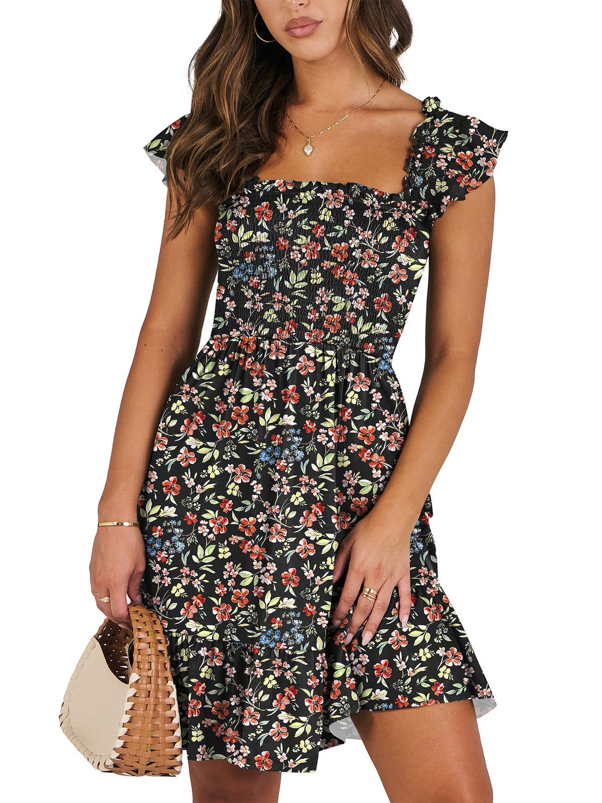 ANRABESS Women's Summer Casual Sleeveless Square Neck Dress 2026 Smocked Ruffle Backless Boho Beach Cute Teen Short Sundress