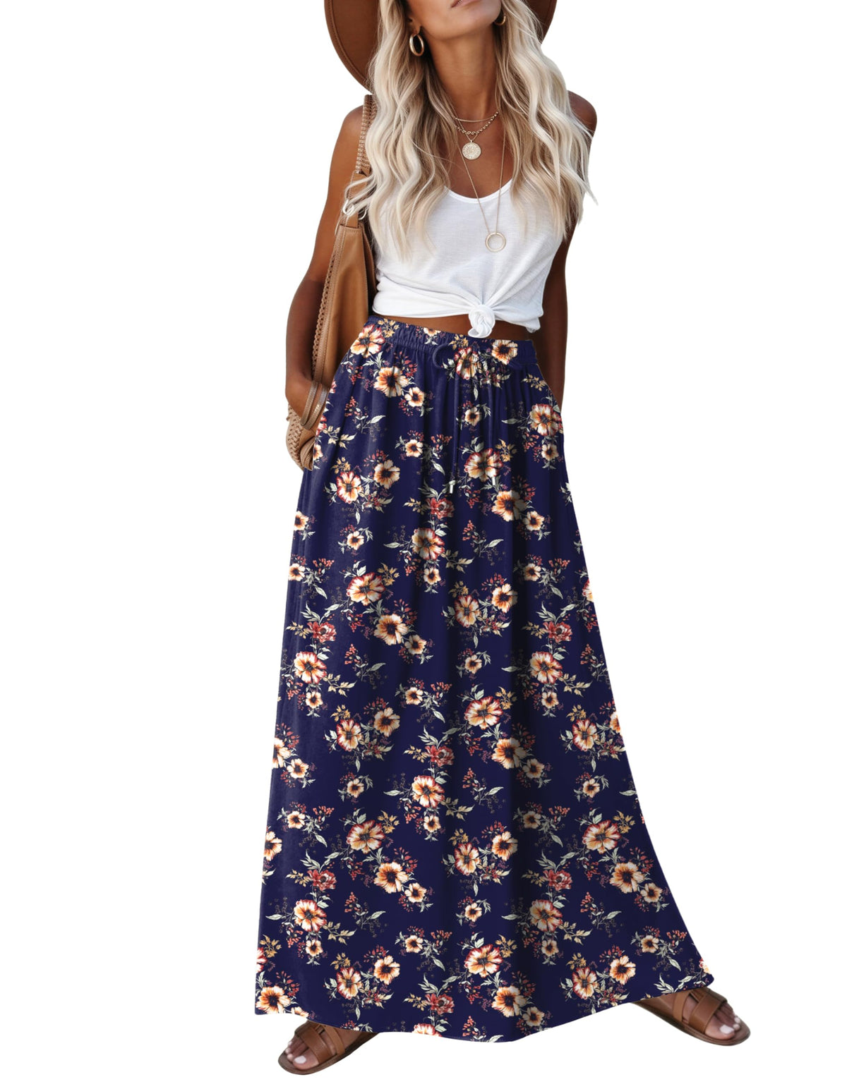 Zeagoo Women's 2026 Boho Floral Skirt Casual Elastic High Waist Maxi Skirts Flowy A Line Beach Long Skirt with Side Pockets