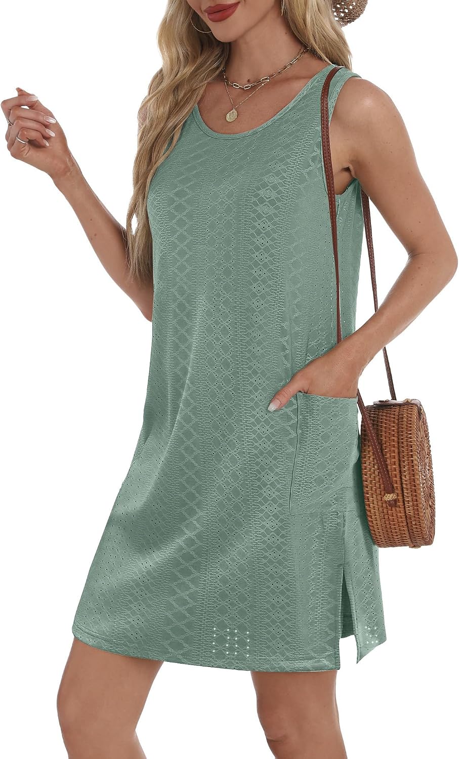 BKRIVE Coverup Summer Dresses for Women 2026 Eyelet Casual Loose Sleeveless Sundresses Tank Dresses with Pockets