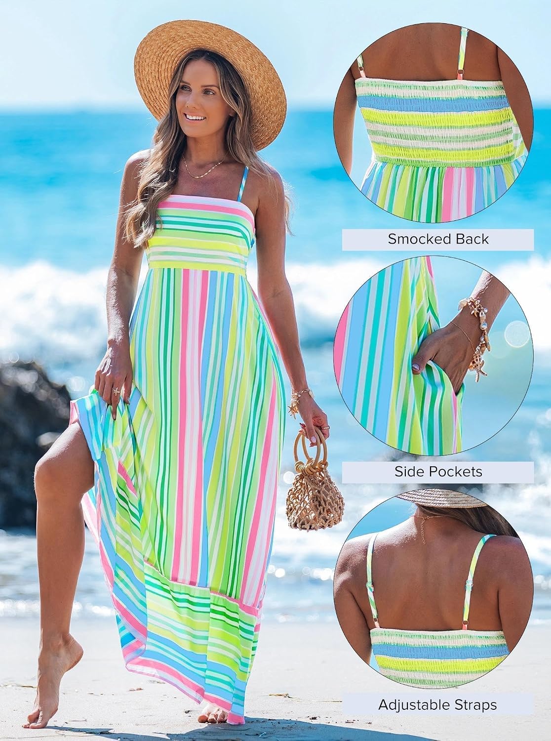 popvil Women Summer Maxi Dress 2026 Spaghetti Strap Long Beach Dress Boho A-Line Flowy Casual Sleeveless Sun Dress