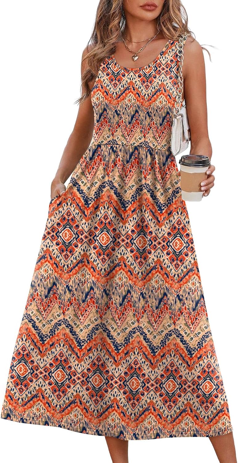 WIHOLL Summer Dresses for Women Flowy Casual Midi Dress Beach Vacation Sundresses with Pockets