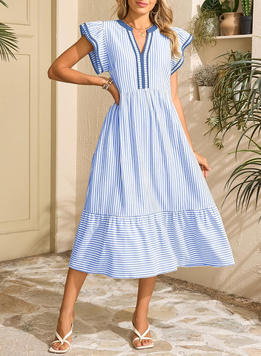 Dokotoo Womens Dresses 2026 Summer V-Neck Ruffle Cap Sleeve Empire Waist Flowy Striped Beach Midi Maxi Dress with Pockets