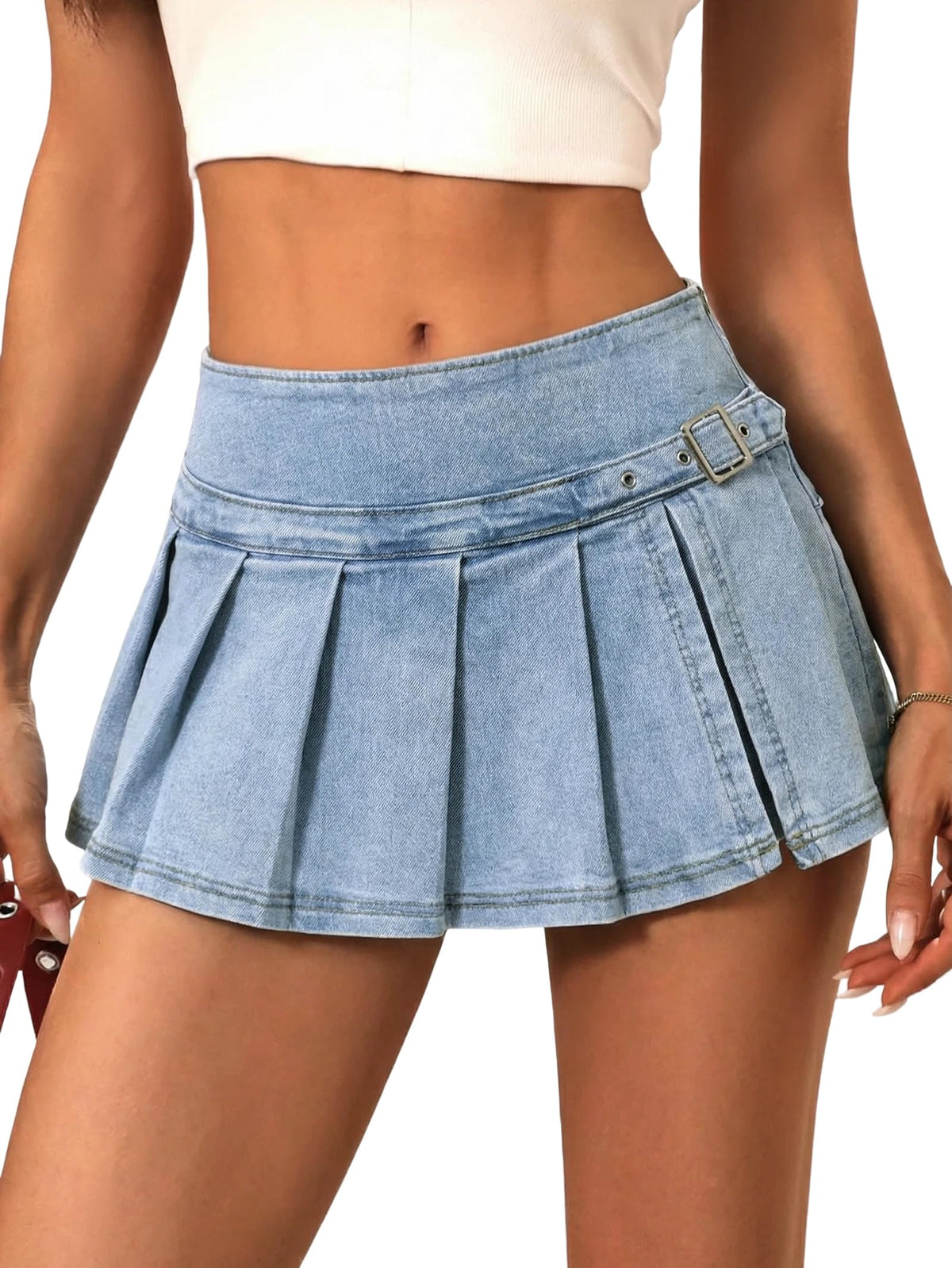 EMMIOL Denim Mini Skirt for Women - Mid Waisted Stretch Side Zipper Skort Y2k Casual Jean Skirts with Shorts Underneath