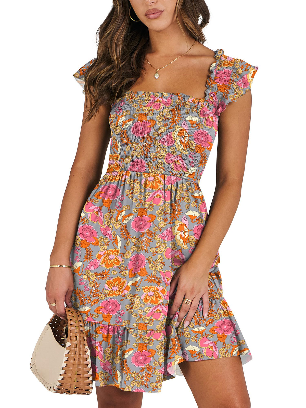ANRABESS Women's Summer Casual Sleeveless Square Neck Dress 2026 Smocked Ruffle Backless Boho Beach Cute Teen Short Sundress
