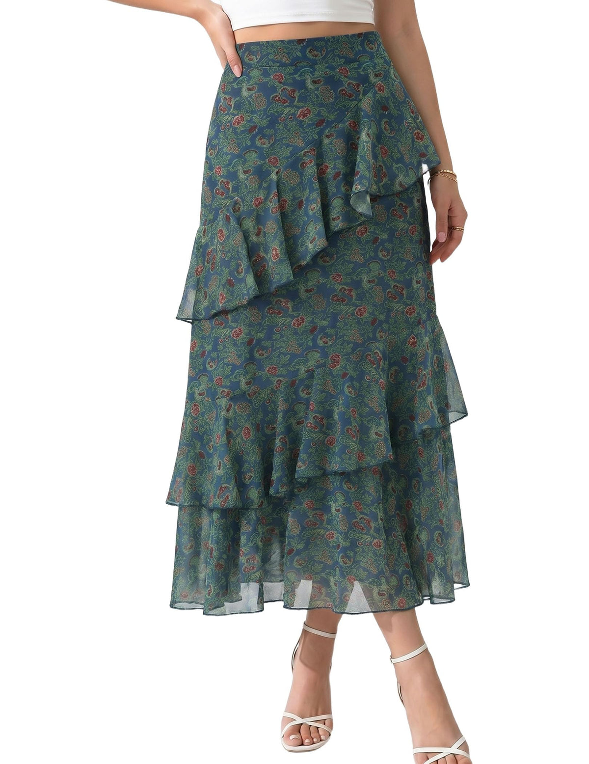 DERAX Women's Boho Flowy White Maxi Skirt Flared Ruffle Elastic Waist Summer A Line 2026 Spring Long Skirts