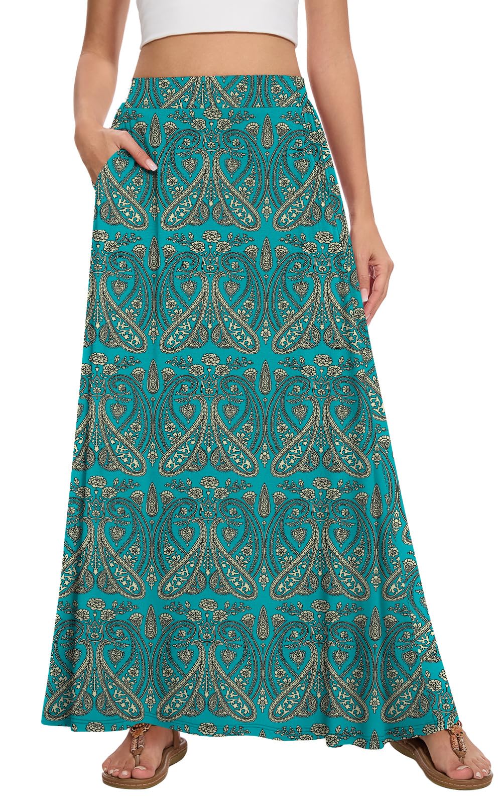 Womens Maxi A-line Long Skirt Casual 2026 Elastic High Waist Flowy Skirts with Pockets