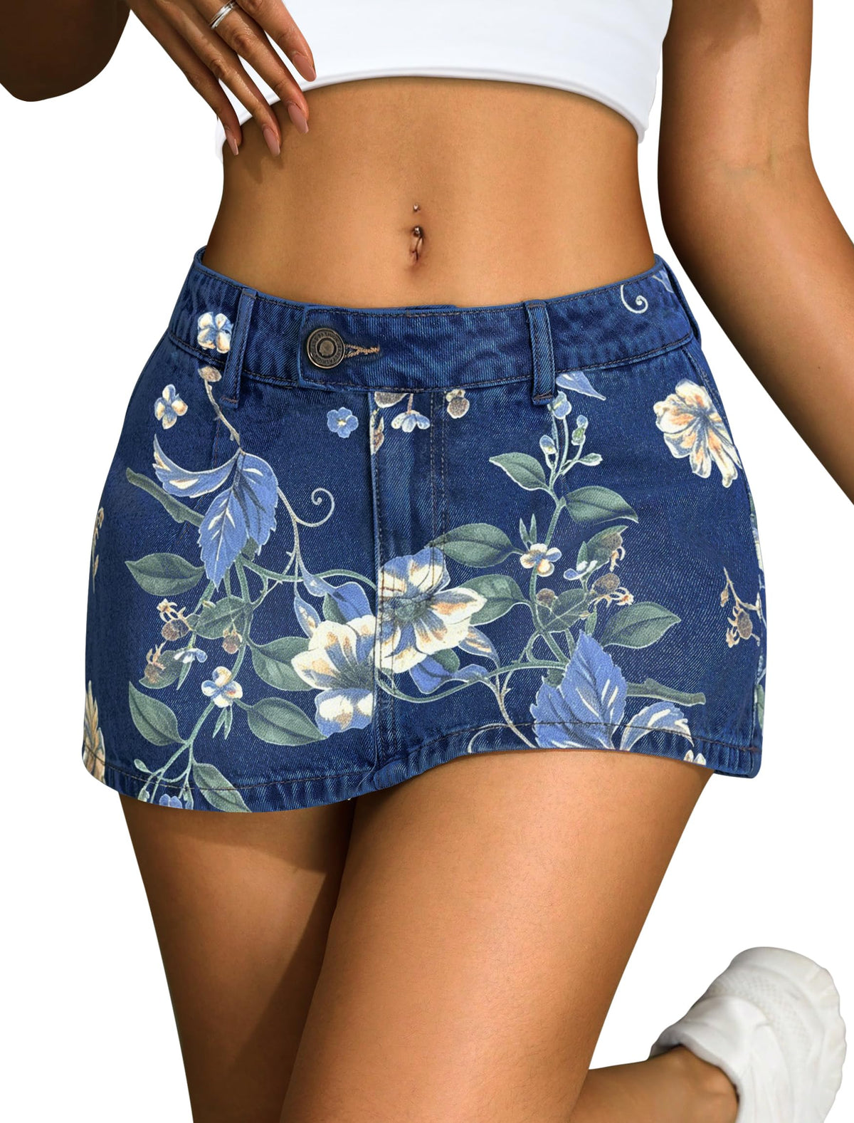 IWD Denim Mini Skirt for Women Low Waisted Jean Micro Skort with Shorts Stretch Casual Jean Skirt