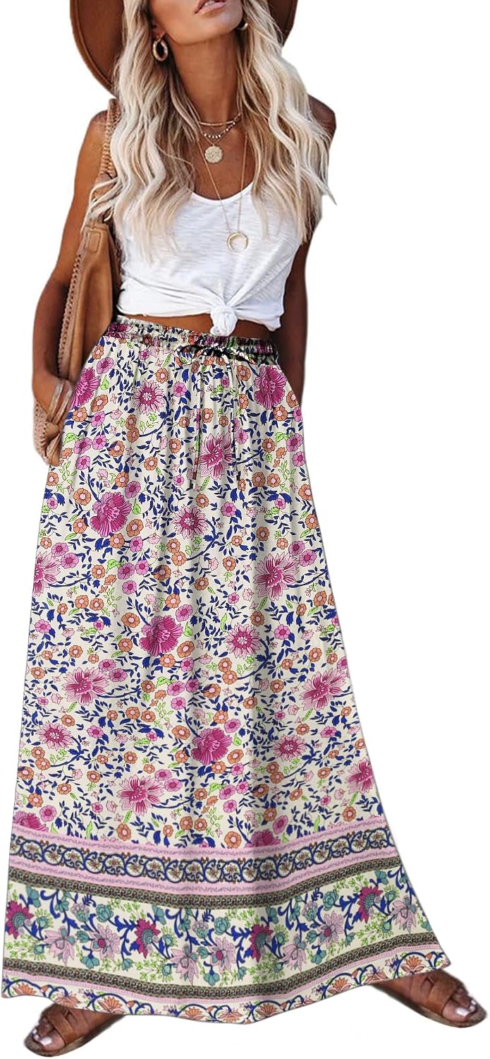 Zeagoo Women's 2026 Boho Floral Skirt Casual Elastic High Waist Maxi Skirts Flowy A Line Beach Long Skirt with Side Pockets