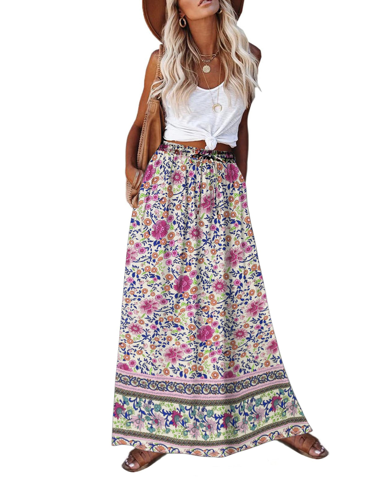 Zeagoo Women's 2026 Boho Floral Skirt Casual Elastic High Waist Maxi Skirts Flowy A Line Beach Long Skirt with Side Pockets