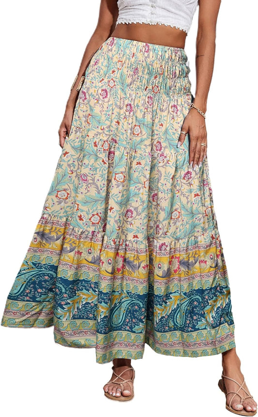 CFLONGE Summer Maxi Skirts for Women 2026 Fashion Boho Long Skirt Trendy Floral High Waist A Line Beach Skirt Vacation Outfit