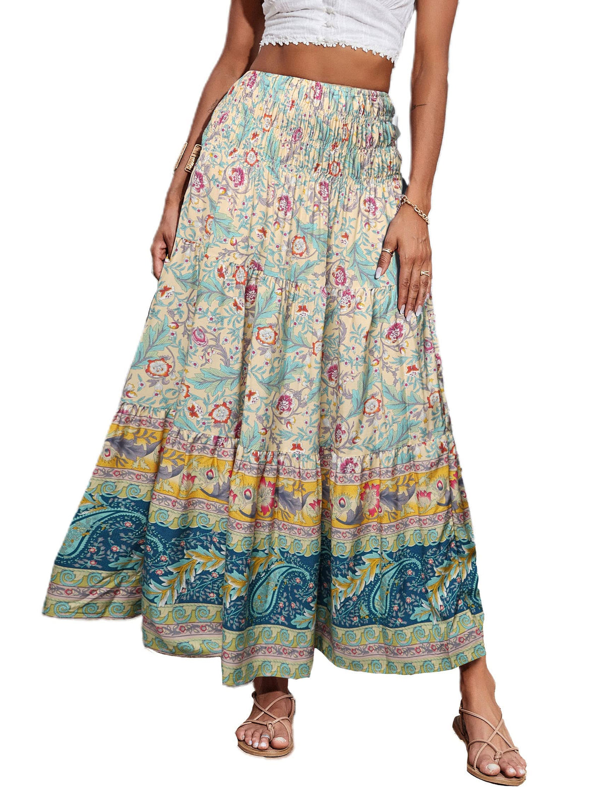 CFLONGE Summer Maxi Skirts for Women 2026 Fashion Boho Long Skirt Trendy Floral High Waist A Line Beach Skirt Vacation Outfit