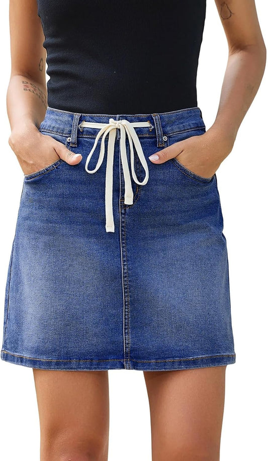 Sidefeel Women's Jean Skirt High Waist Drawstring Stretchy Casual Summer Loose Fit Trendy Mini Denim Skirt with Pockets