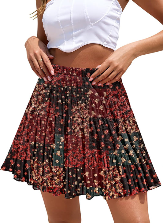 CYiNu Mini Skirt Summer Boho Flowy Chiffon Elastic High Waisted A Line Tiered Pleated Mini Skirt
