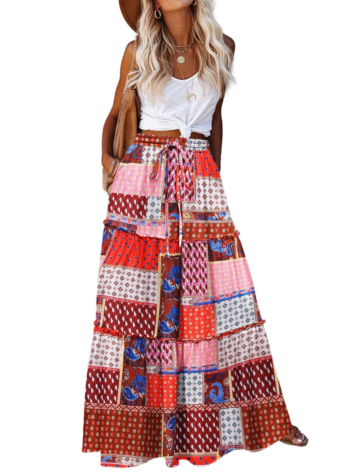 Zeagoo Womens Casual Maxi Skirts for Women 2026 High Waist Boho Skirts Floral Printed Long Flowy Skirt with Pockets