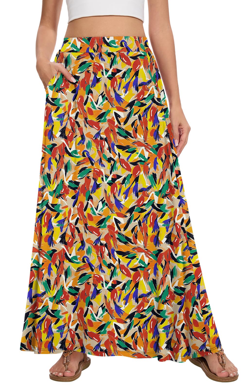 Womens Maxi A-line Long Skirt Casual 2026 Elastic High Waist Flowy Skirts with Pockets