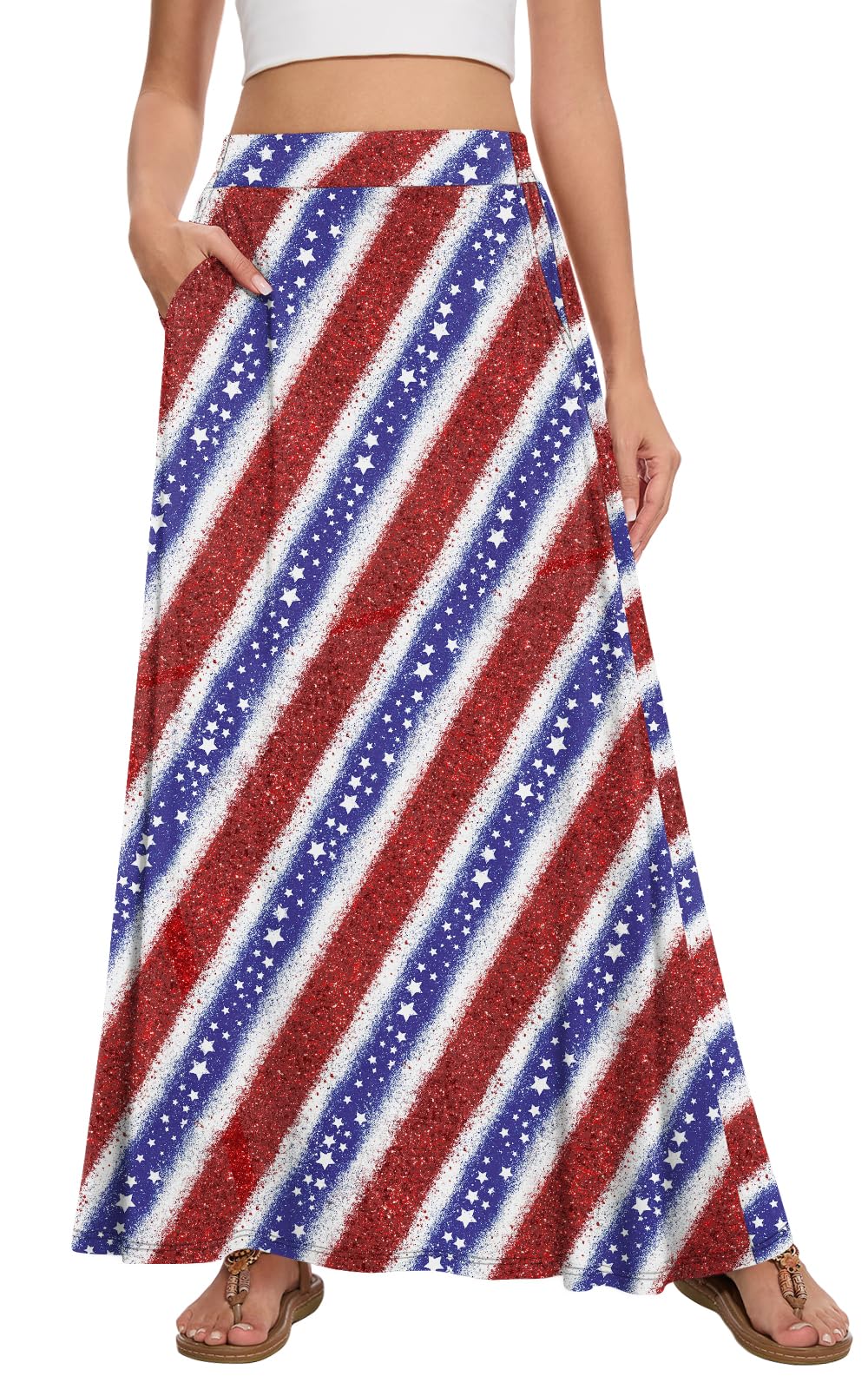 Womens Maxi A-line Long Skirt Casual 2026 Elastic High Waist Flowy Skirts with Pockets