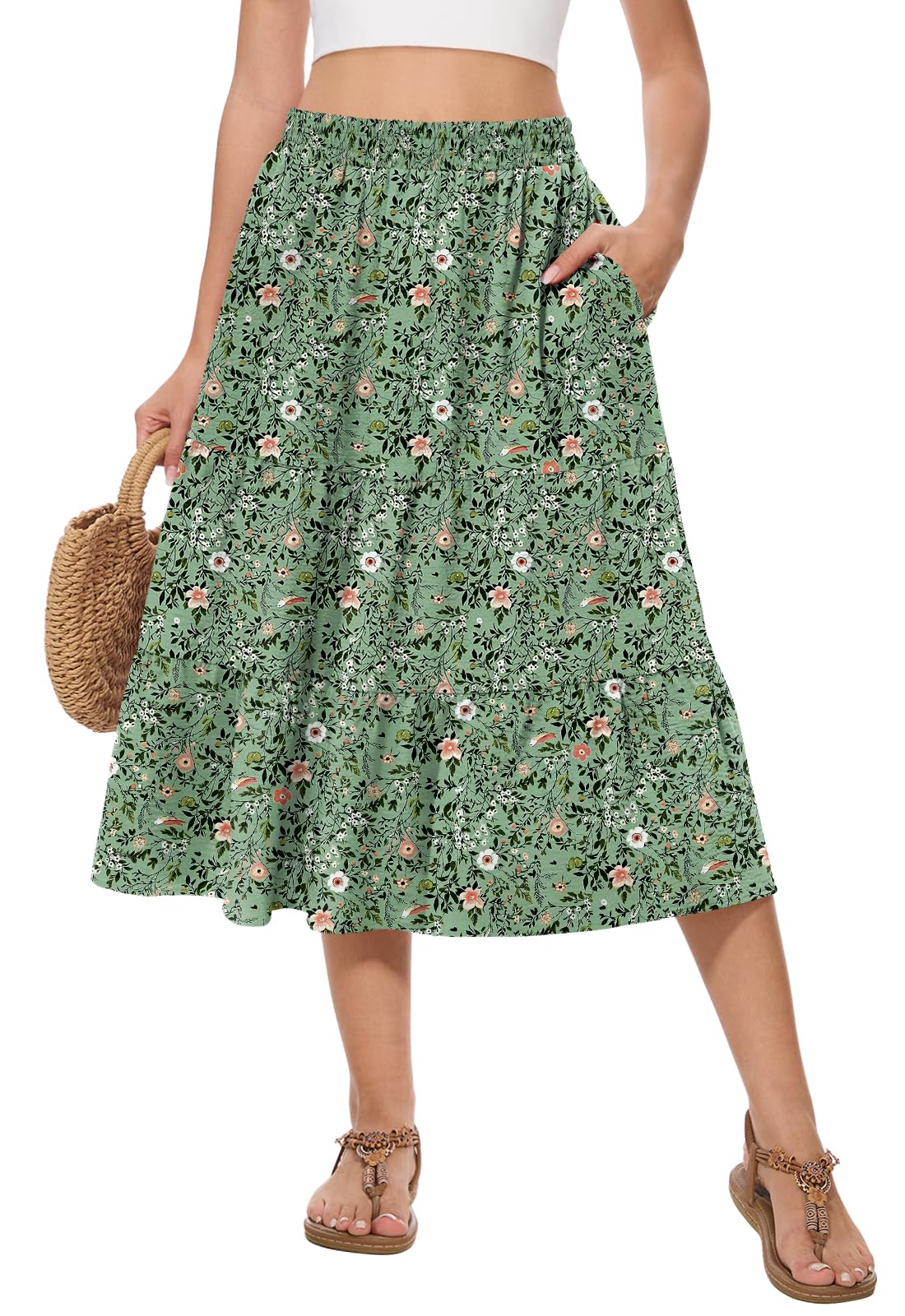 Women's Summer Midi Skirt High Elastic Waist Flowy Ruffle Casual Boho A-Line Skirts with Pockets