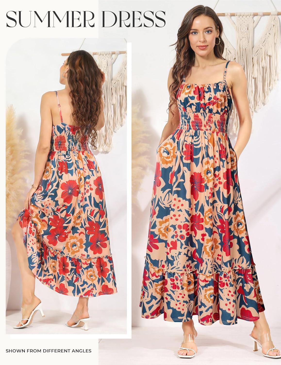 GRACE KARIN Summer Dresses for Women 2026 Vacation,Smocked Floral Maxi Dress,Boho Beach Sundress with Pocket Fashion Clothing