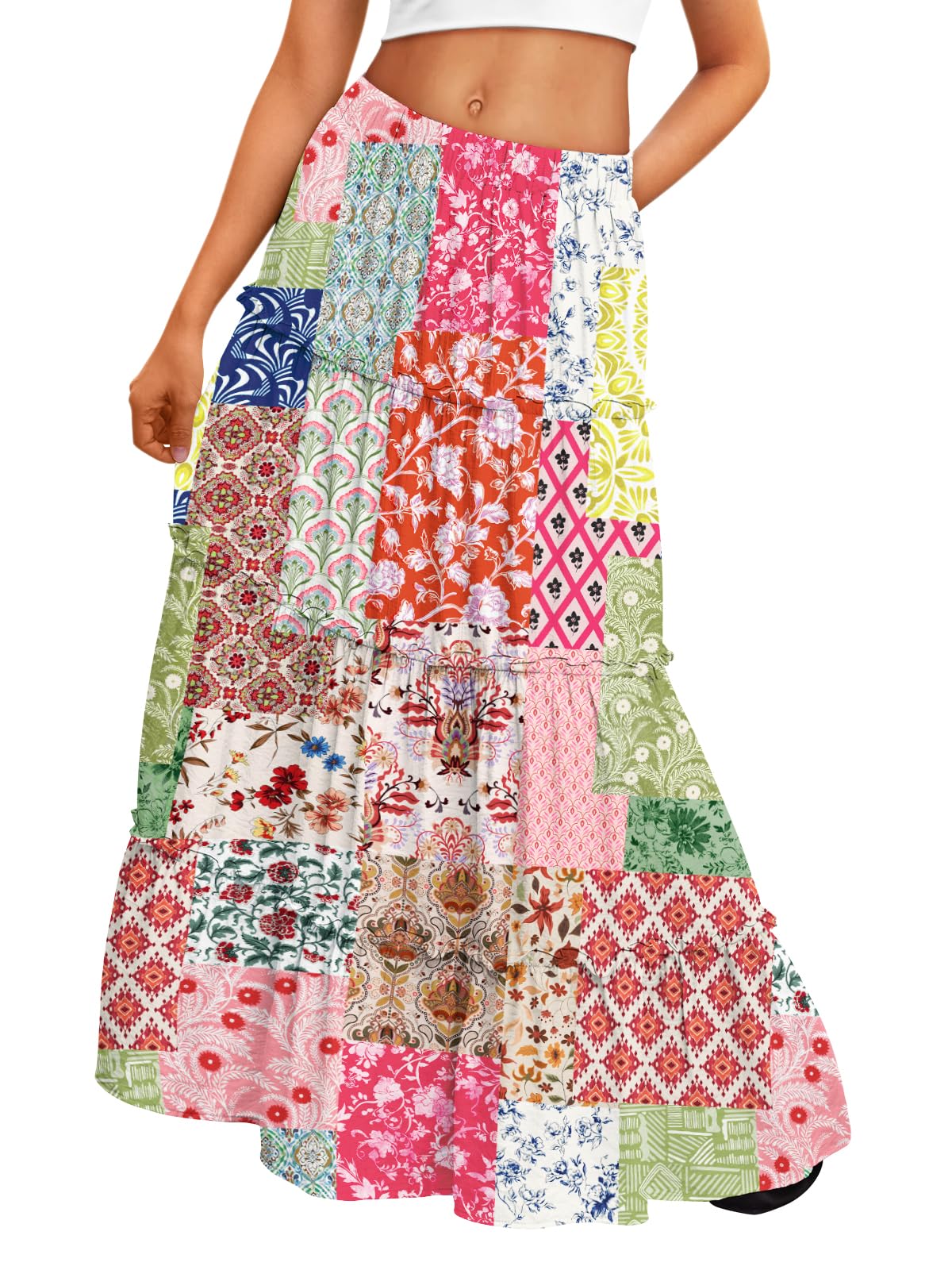 Trendy Queen Vacation Outfits Long Skirts for Women Boho Maxi Skirt Elastic High Waist Dress with Pockets Fashion