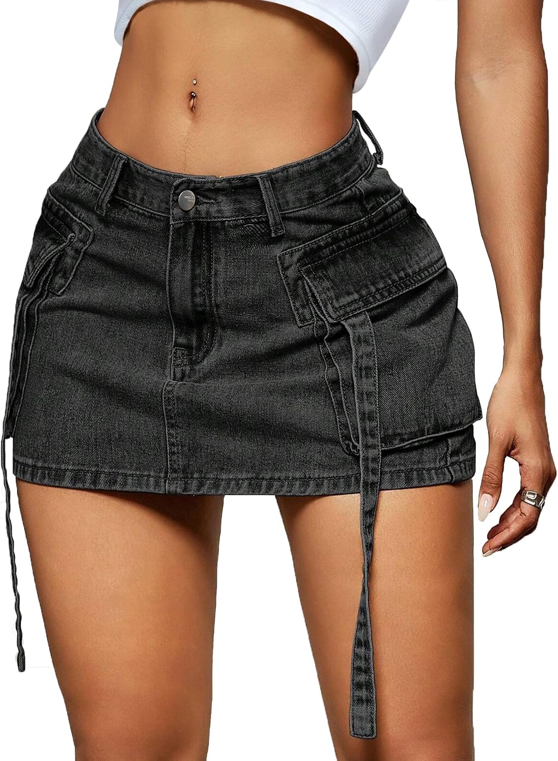 LOLILRSD Women Cargo Skirt Denim Mini Low Waist Y2K Jean Skirts with Pockets