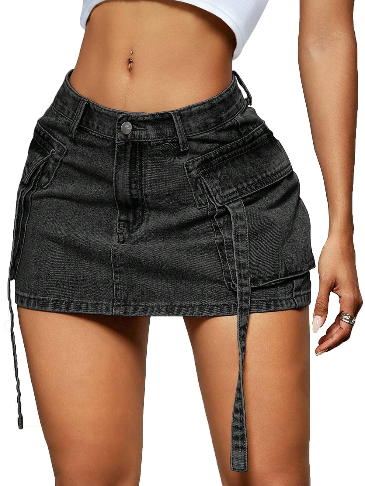 LOLILRSD Women Cargo Skirt Denim Mini Low Waist Y2K Jean Skirts with Pockets