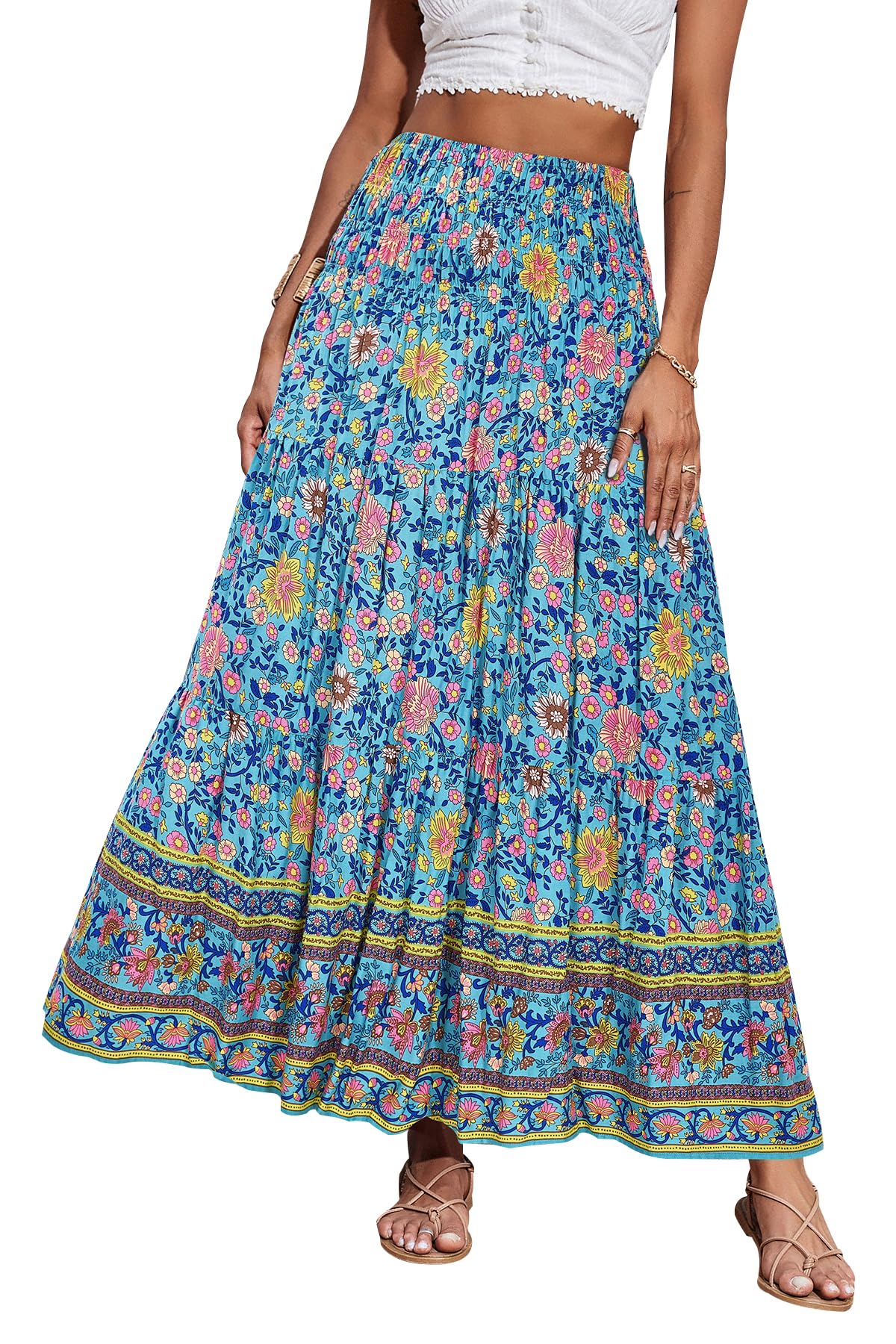 CFLONGE Summer Maxi Skirts for Women 2026 Fashion Boho Long Skirt Trendy Floral High Waist A Line Beach Skirt Vacation Outfit