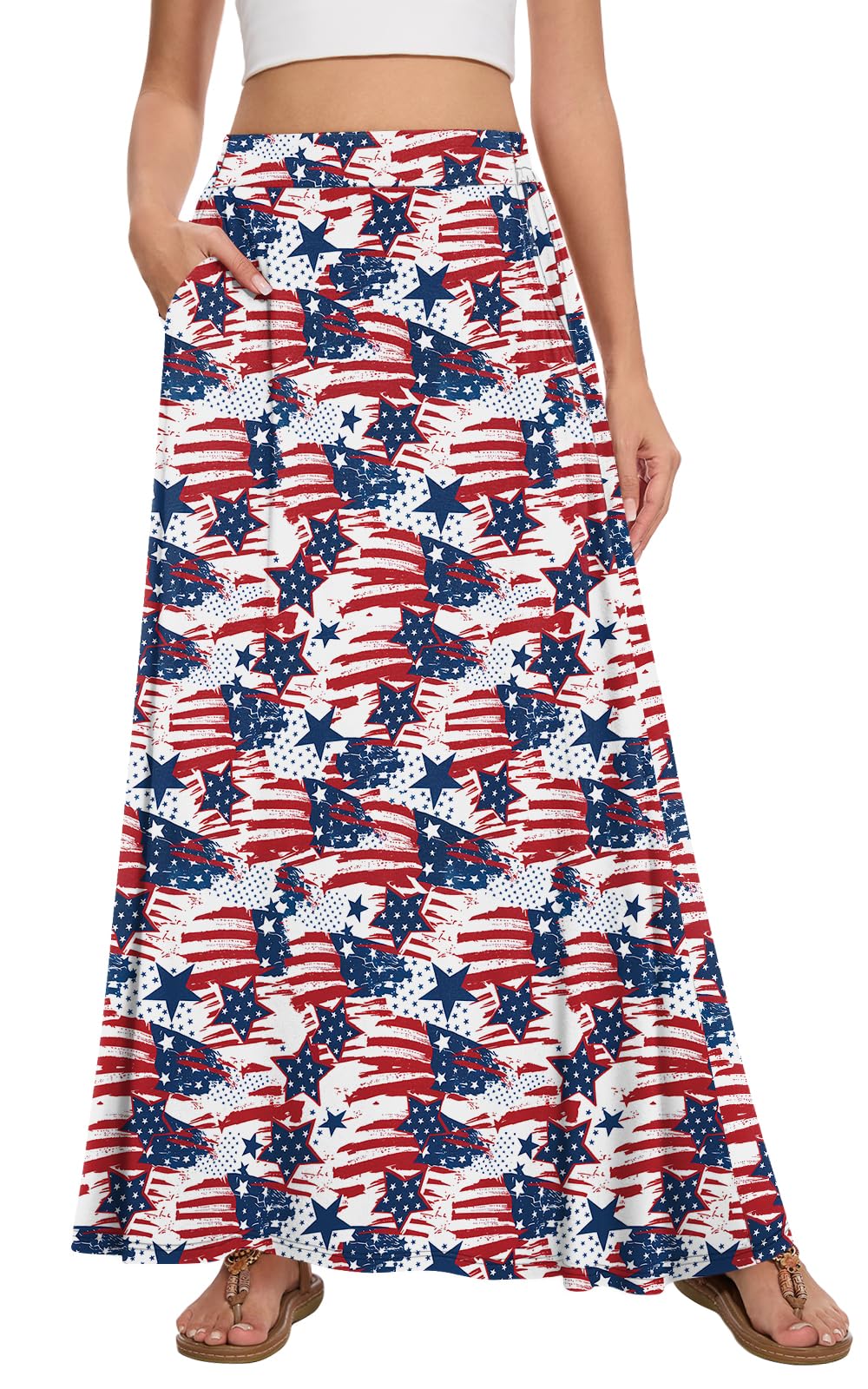 Womens Maxi A-line Long Skirt Casual 2026 Elastic High Waist Flowy Skirts with Pockets
