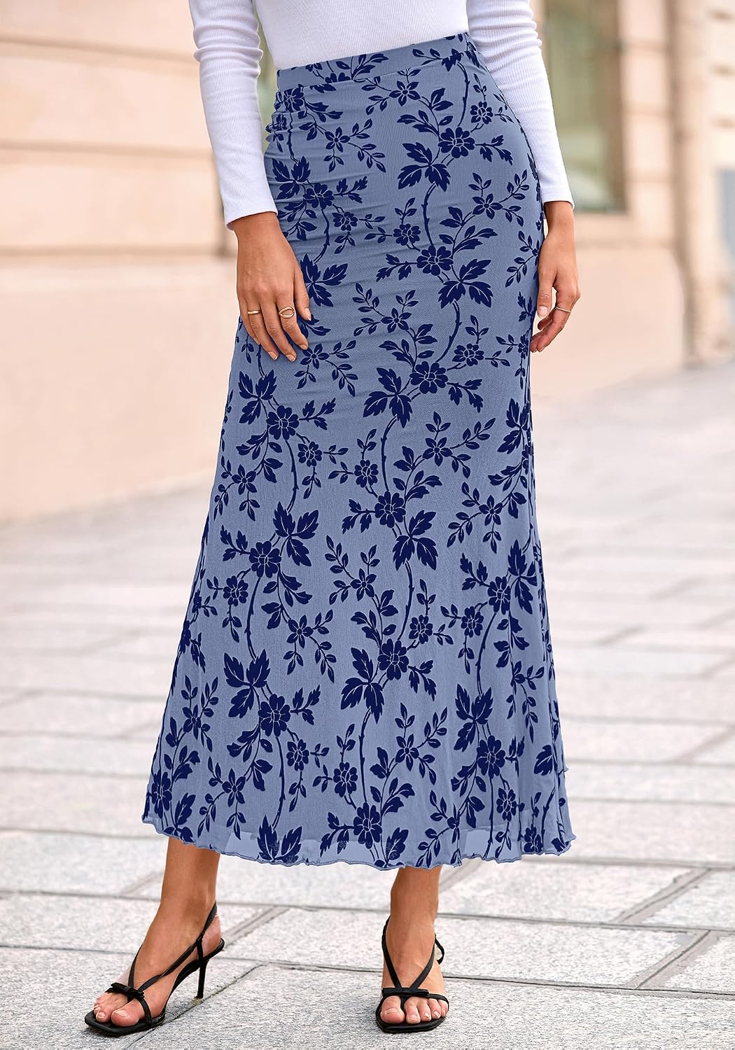 BTFBM Womens Floral Mesh Maxi Skirt 2026 Spring Summer Elastic High Waisted Boho Elegant Mermaid Long Skirts for Women