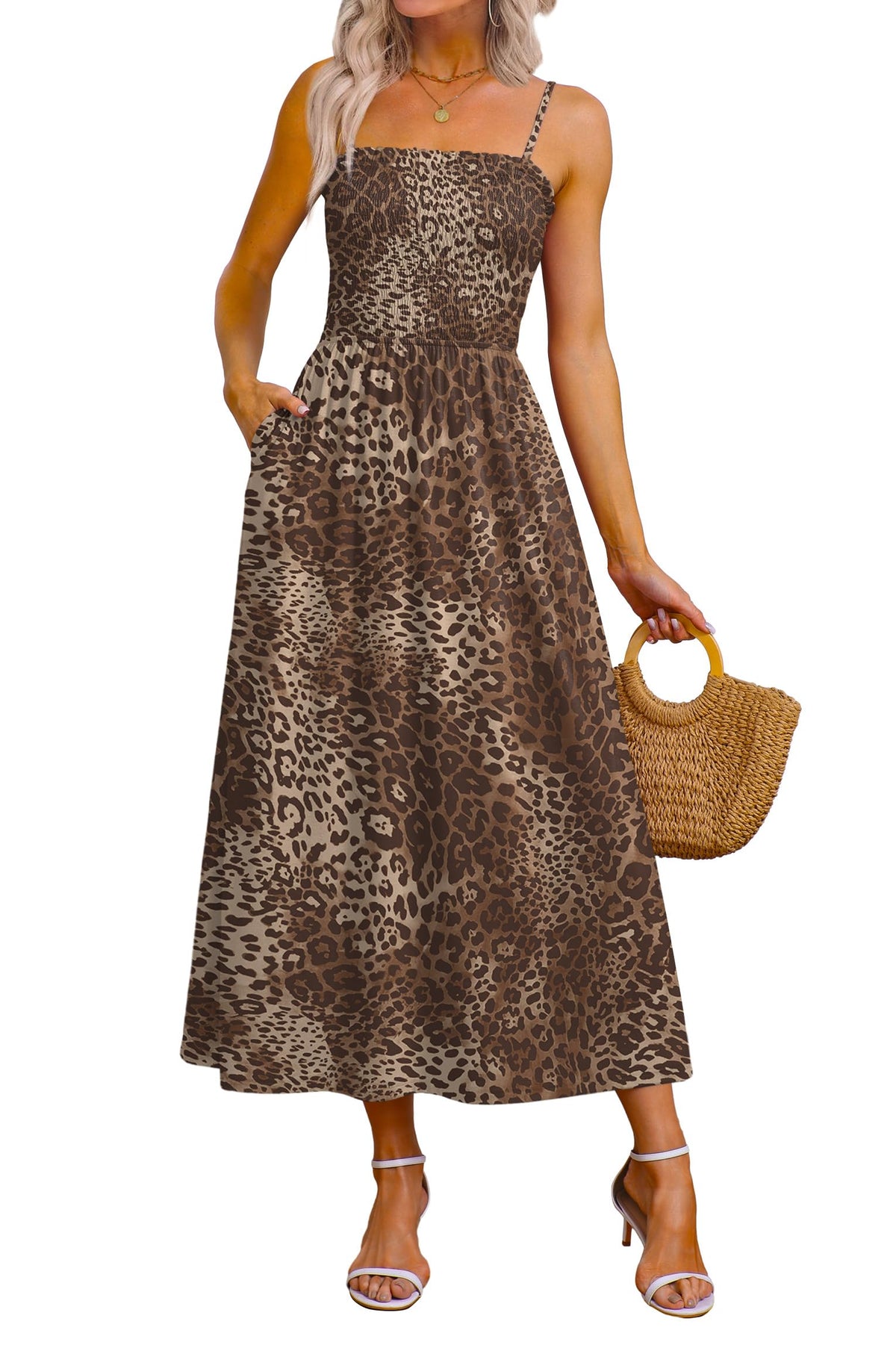 OFEEFAN Womens Spaghetti Strap Maxi Dresses Smocked with Pockets 2026 Summer Spring Casual Boho Beach Long Sundresses