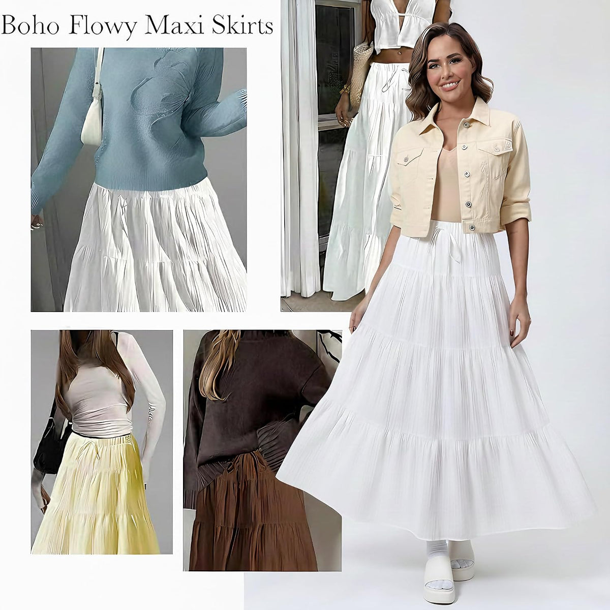 DERAX Women's Boho Flowy White Maxi Skirt Flared Ruffle Elastic Waist Summer A Line 2026 Spring Long Skirts