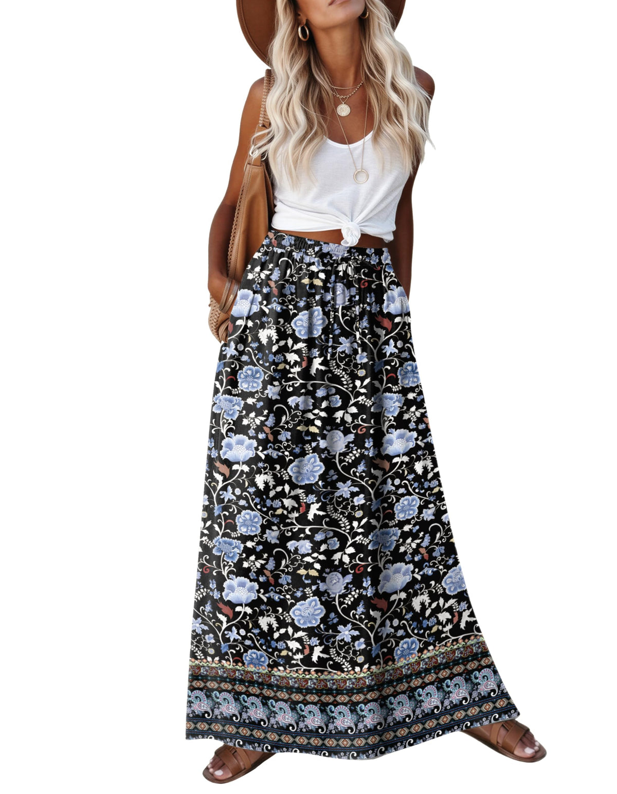 Zeagoo Women's 2026 Boho Floral Skirt Casual Elastic High Waist Maxi Skirts Flowy A Line Beach Long Skirt with Side Pockets