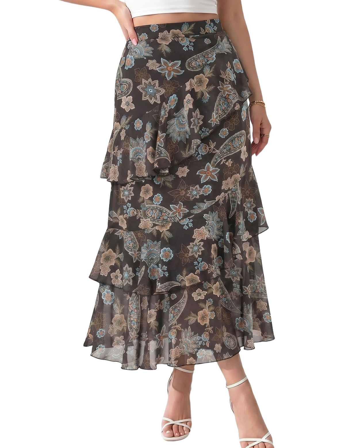DERAX Women's Boho Flowy White Maxi Skirt Flared Ruffle Elastic Waist Summer A Line 2026 Spring Long Skirts