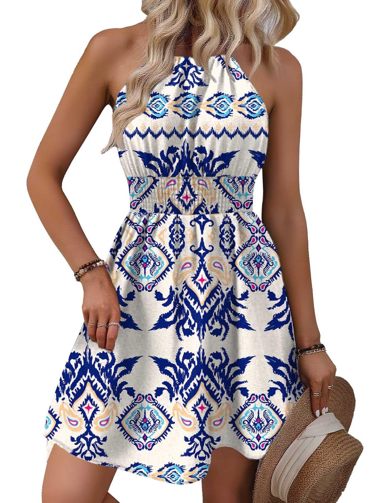 BLENCOT Womens Summer Beach Halter Neck Dresses Casual Smocked A Line Floral Mini Dress with Pockets