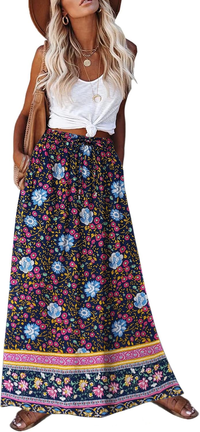 Zeagoo Women's 2026 Boho Floral Skirt Casual Elastic High Waist Maxi Skirts Flowy A Line Beach Long Skirt with Side Pockets